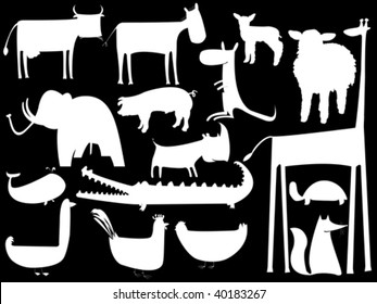 animal white silhouettes isolated on black, vector art illustration