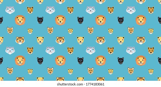 Tier (wilde Katze) Nahtlose Muster. Cartoon wilde Katze Gesicht auf blauem Hintergrund.