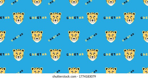 Animal (wild cat) Seamless pattern. Cartoon Cheetah face on blue background.