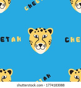 Patrón animal (gato salvaje) sin foco. Caricatura Cheetah de fondo azul.