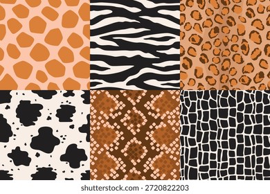Colección de patrones sin fisuras de animales salvajes. Negro, blanco cebra, vaca, huellas de cocodrilo. Serpiente marrón, leopardo, pieles de jirafa. Fondos abstractos de Vector para imprimir en tela, papel. Diseño de Fondo de pantalla.