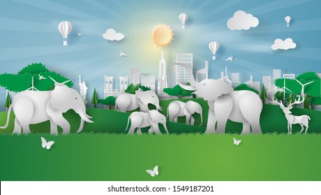 Animal wildlife in green park landmarks at New York City America.Creative Paper cut and craft style.Elephants and deer in forest.Graphic Eco environment day concept for poster.vector illustration