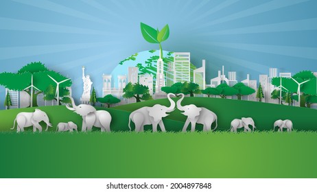 Animal wildlife in green park landmarks Cityscape. Creative Paper cut and craft style. Elephants in forest.Graphic Eco environment day concept for poster.vector illustration. earth day concept on sky