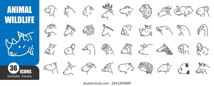 Animal and wildlife head side view outline icon . Editable stroke . Vector .
