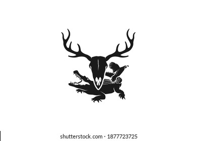 Animal wildlife logo, hunting adventure icon, deer skull aligator and bird element. simple minimalist design.