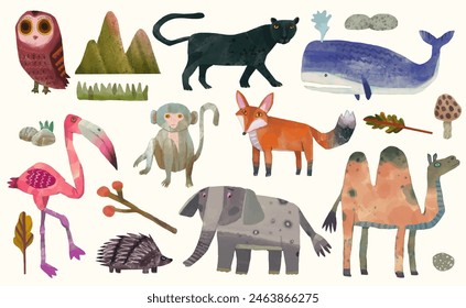 Animal wildlife watercolor vector illustration set.