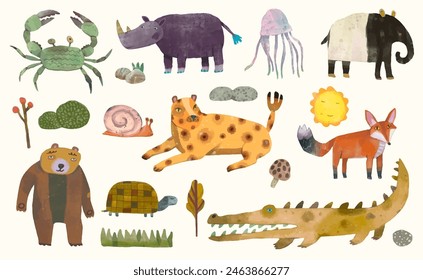 Conjunto de Ilustración vectorial de acuarela de fauna animal.