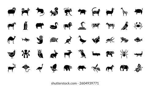 animal wildlife zoo icons. solid glyph style icon set