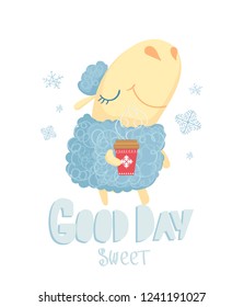 Animal winter illustration. Good day.  funny sheep character with cup of coffee.