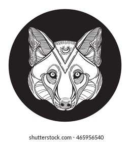 Animal wolf head print for adult anti stress coloring page. Ethnic patterned ornate hand drawn vector illustration. Sketch for tattoo, poster, print or t-shirt. head dog or wolf or husky