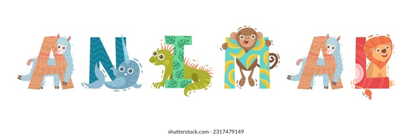 Animal Word with Alphabet Capital Letters and Funny Mammal Vector Inscription
