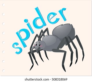 Animal word card with spider illustration