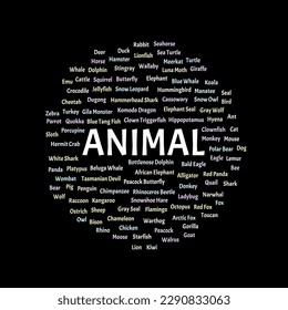 Animal word cloud. Composition of words for animal names. Children literacy and cognitive development concept. Chalk color, isolated background.