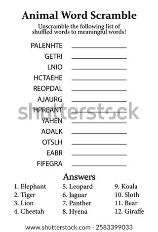 Animal Word Scramble and Puzzle, Fun Educational Game for Kids, Teens and Adults