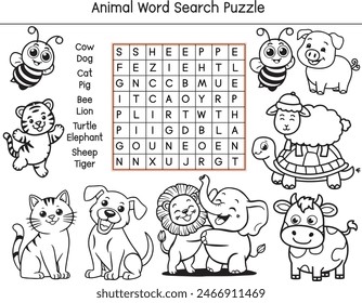 "Animal Word Search Puzzle" – fun and educational activity with this animal-themed , perfect for kids. hidden words such as Cow, Dog, Cat, Pig, Bee, Lion, Turtle, Elephant, Sheep, and Tiger. 