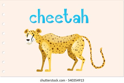 Animal wordcard with wild cheetah illustration