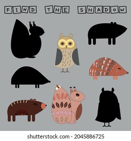 Animal worksheet vector design, the task is to cut and glue a piece on colorful cute hedgehog, squirrel, bear, owl . Logic game for children.