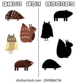 Animal worksheet vector design, the task is to cut and glue a piece on colorful cute hedgehog, squirrel, bear, owl . Logic game for children.