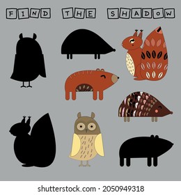 Animal worksheet vector design, the task is to cut and glue a piece on colorful cute hedgehog, squirrel, bear, owl . Logic game for children.