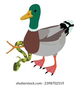 Animal world icon isometric vector. Colorful wild duck drake near tree python. Biological diversity concept