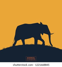 Animal world illustration background, colored silhouettes elements, flat, elephant