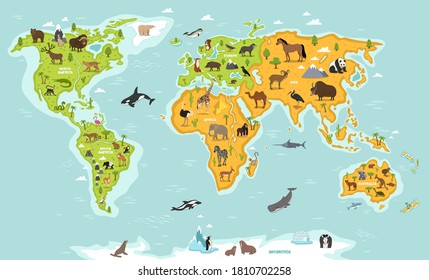 Animal world map. Continent, sea and ocean fauna. World wildlife discovery. Earth animal vector poster. South and North America, Eurasia, Africa, Australia mainland habitant illustration