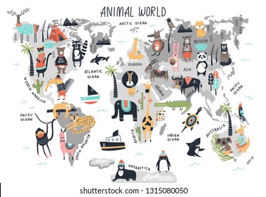 Mapa del mundo animal - tira cómica de caricatura hecha a mano, en estilo escandinavo. Ilustración vectorial.