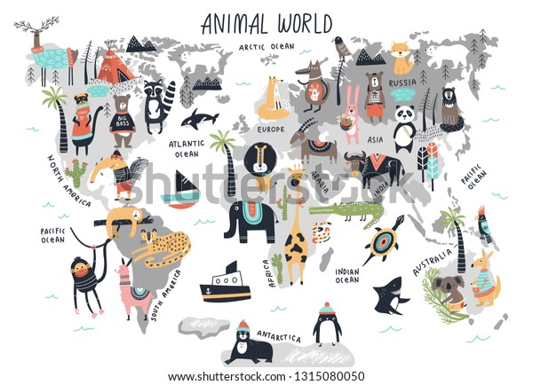 動物の世界地図 北欧風のかわいい手描きのコドモ部品 ベクターイラスト のベクター画像素材 ロイヤリティフリー