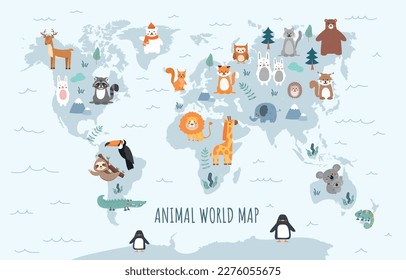 Animal world map. Educational material for children, biology and zoology. Fauna of different countries and continents. Nature and discovery. Cartoon flat vector illustration