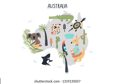 Animal World Map - mainland Australia. Cute cartoon hand drawn nursery print in scandinavian style. Vector illustration.