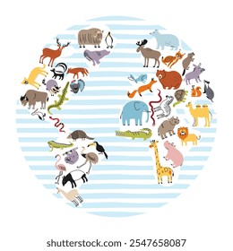 Animal world map on land for kids. Poster with cute vector animals in flat doodle style. Vector characters on different continents of the world