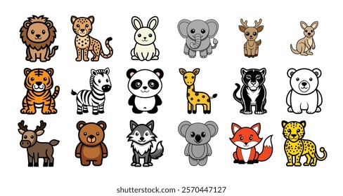 Animal World wildlife color icon set.