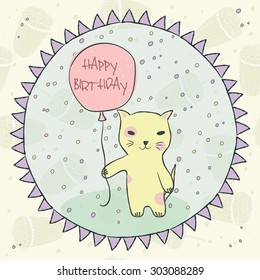 Animal yellow cat with pink balloon, gifts, garlands, cap on seamless pattern with birthday cupcakes and a candle for invitation, birthday cards Vector illustration eps10