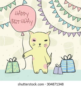 Animal yellow cat with pink balloon, gifts, garlands, on seamless pattern with birthday cupcakes and a candle for invitation, birthday cards Vector illustration eps10
