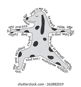 Animal yoga illustration - virabhadrasana pose. Cute yoga dog and text around it