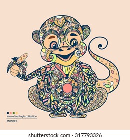 Animal zentangle collection. Hand drawn doodle vector illustration. Monkey - symbol of new year 