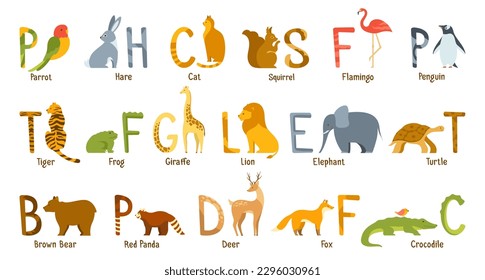 Animal zoo alphabet cartoon set. Ornamental letters animals for kids educational learning illustration. Hare parrot squirrel giraffe. Panda bear penguin. Cat fox lion tiger design collection character