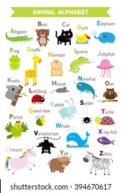 Animal zoo alphabet. Cute cartoon character set. Isolated. White design. Baby children education. Alligator, bear, cat, duck, elephant frog giraffe hamster iguana Flat design Vector illustration