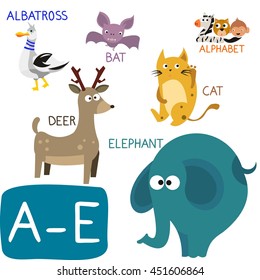 Animal Zoo Alphabet. Letter A-E. Albatross, Bat, Cat, Deer and Elephant. Fun teaching aids for Kids