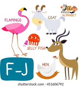 Animal Zoo Alphabet. Letter F-J. Flamingo, Goat, Hen, Impala and Jellyfish. Fun teaching aids for Kids