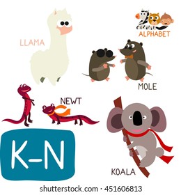 Animal Zoo Alphabet. Letter K-N. Koala, Llama, Mole and Newt. Fun teaching aids for Kids