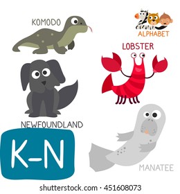 Animal Zoo Alphabet. Letter K-N. Komodo Dragon, Lobster, Manatee and Newfoundland. Fun teaching aids for Kids