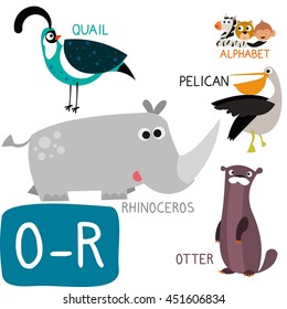 Animal Zoo Alphabet. Letter O-R. Otter, Pelican, Quail and Rhinoceros. Fun teaching aids for Kids