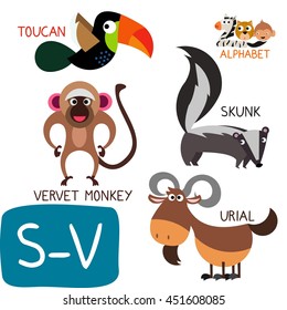 Animal Zoo Alphabet. Letter S-V. Skunk, Toucan, Urial and Velvet Monkey. Fun teaching aids for Kids