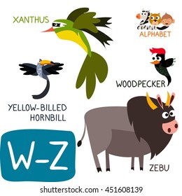 Animal Zoo Alphabet. Letter W-Z. Woodpecker, Xanthus, Yellow-Billed Hornbill and Zebu. Fun teaching aids for Kids