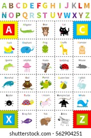 Animal zoo alphabet poster. Letters with eyes Cute cartoon character set Isolated White background Baby children education Alligator bear cat duck elephant frog giraffe hamster iguana Flat Vector