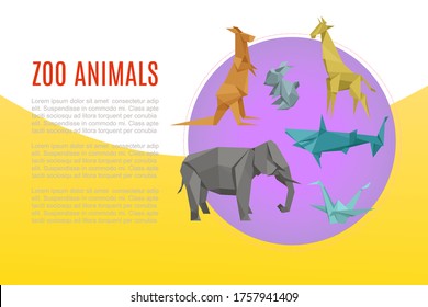 Animal zoo banner, cartoon exotic nature, vector illustration. Wild and zoo character, jungle wildlife. Cute origami elephant, giraffe, kangaroo and hare. tropical zoology landing banner.