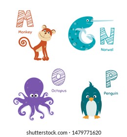 Animal zoo english alphabet M, N, O, P. Letters with monkey, narwal, octopus, penguin. Wild life mammals. Cartoon style characters for kids education. Vector Eps10 illustration.