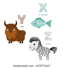 Animal zoo english alphabet X, Y, Z. Letters with x-ray fish, yak and zebra. Wild life mammals. Cartoon style characters for kids education. Vector Eps10 illustration.