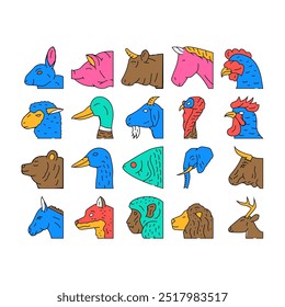 animal zoo pet face farm icons set vector. elephant cow, bear, pig, cat lion, sheep deer, fox duck animal zoo pet face farm color Contour Illustrations
